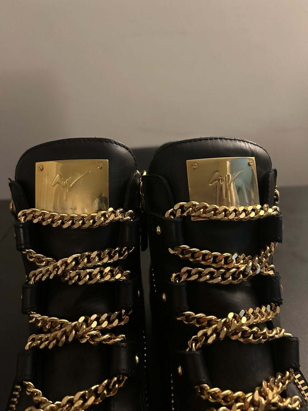 Giuseppe Zanotti Black Leather Gold Chain High Top Sneakers - Picture 6 of 7